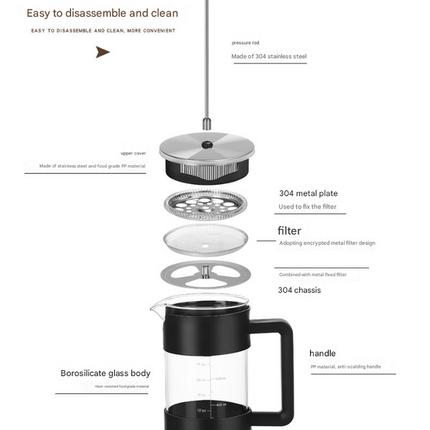 Black Classic 1000ml French Press Coffee & Tea Maker - Heat Resistant Borosilicate Glass, Stainless Steel Filter.