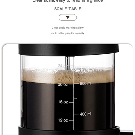 Black Classic 1000ml French Press Coffee & Tea Maker - Heat Resistant Borosilicate Glass, Stainless Steel Filter.