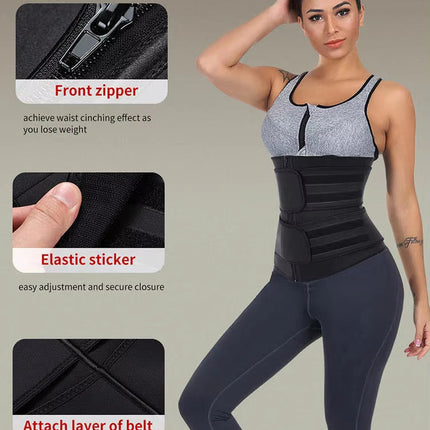 Size XXL Black Womens Sweat-Enhancing Waist Trainer Belt - Dual Strap Zipper Tummy Control Cincher for Workout & Postpartum Shaping.