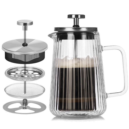 Transparent Elegant Ribbed Double Wall Glass French Press - 350ml Heat Resistant Coffee and Tea Maker with Stainless Steel Filter.