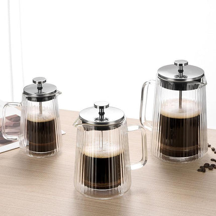 Transparent Elegant Ribbed Double Wall Glass French Press - 350ml Heat Resistant Coffee and Tea Maker with Stainless Steel Filter.