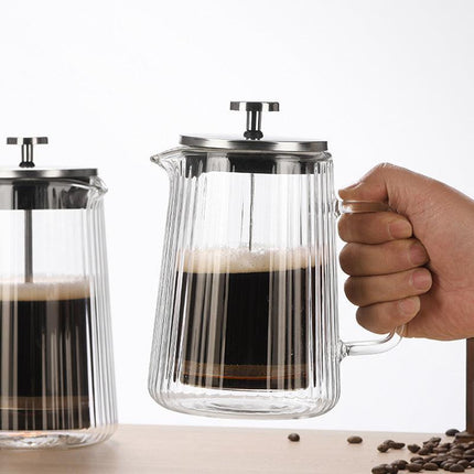 Transparent Elegant Ribbed Double Wall Glass French Press - 1000ml Heat Resistant Coffee and Tea Maker with Stainless Steel Filter.