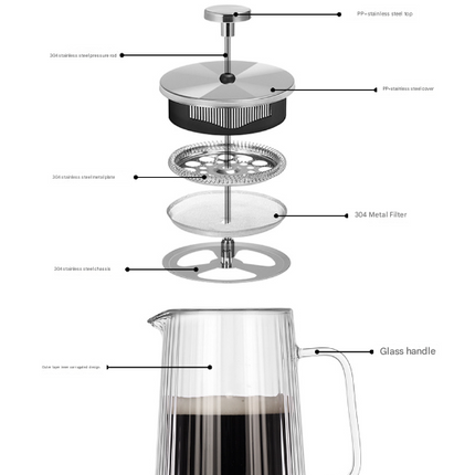 Transparent Elegant Ribbed Double Wall Glass French Press - 1000ml Heat Resistant Coffee and Tea Maker with Stainless Steel Filter.