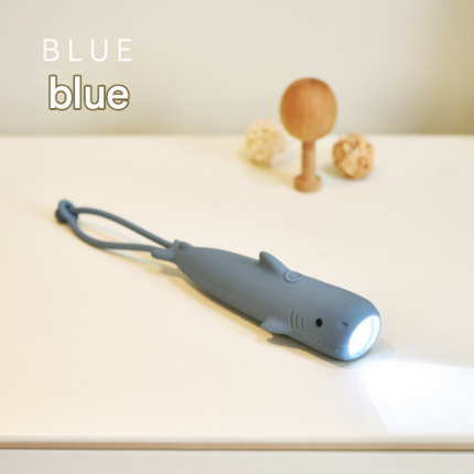 Blue Adorable Shark Silicone LED Flashlight for Kids - USB Rechargeable, Dimmable Brightness, Portable Night Light.