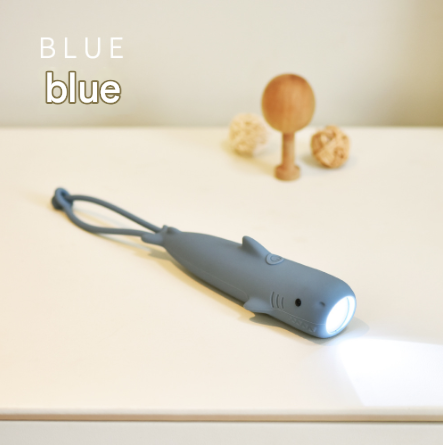 Blue Adorable Shark Silicone LED Flashlight for Kids - USB Rechargeable, Dimmable Brightness, Portable Night Light.