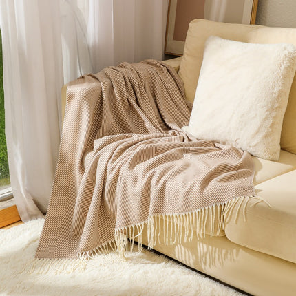 Khaki Elegant Herringbone Tassel Throw Blanket - Large Acrylic Faux Cashmere Soft Cozy Blanket for Sofa, Bed & Decor (130x240cm).