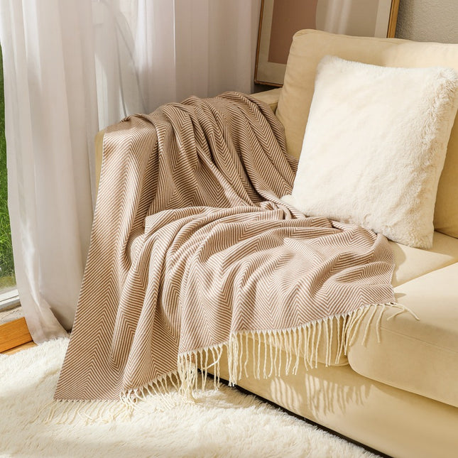 Khaki Elegant Herringbone Tassel Throw Blanket - Large Acrylic Faux Cashmere Soft Cozy Blanket for Sofa, Bed & Decor (130x240cm).