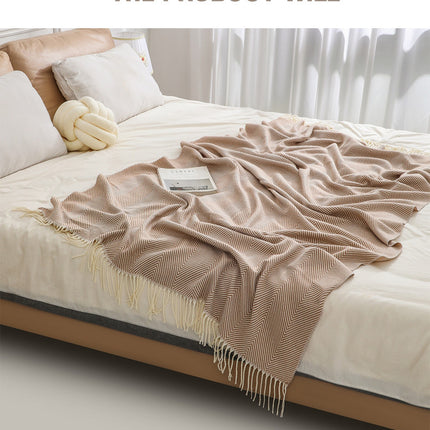Khaki Elegant Herringbone Tassel Throw Blanket - Large Acrylic Faux Cashmere Soft Cozy Blanket for Sofa, Bed & Decor (130x240cm).