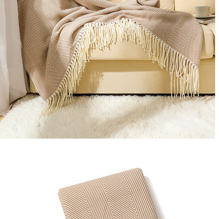 Khaki Elegant Herringbone Tassel Throw Blanket - Large Acrylic Faux Cashmere Soft Cozy Blanket for Sofa, Bed & Decor (130x240cm).