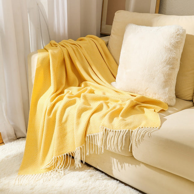 Yellow Elegant Herringbone Tassel Throw Blanket - Large Acrylic Faux Cashmere Soft Cozy Blanket for Sofa, Bed & Decor (130x240cm).