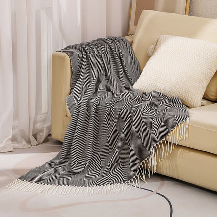 Black Elegant Herringbone Tassel Throw Blanket - Large Acrylic Faux Cashmere Soft Cozy Blanket for Sofa, Bed & Decor (130x240cm).