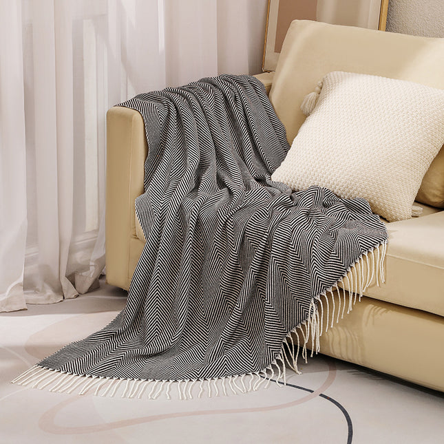 Black Elegant Herringbone Tassel Throw Blanket - Large Acrylic Faux Cashmere Soft Cozy Blanket for Sofa, Bed & Decor (130x240cm).