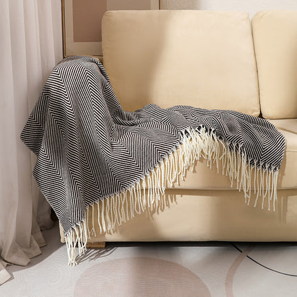 Black Elegant Herringbone Tassel Throw Blanket - Large Acrylic Faux Cashmere Soft Cozy Blanket for Sofa, Bed & Decor (130x240cm).
