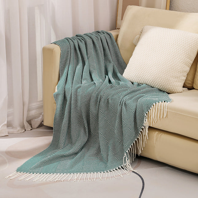Green Elegant Herringbone Tassel Throw Blanket - Large Acrylic Faux Cashmere Soft Cozy Blanket for Sofa, Bed & Decor (130x240cm).