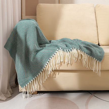 Green Elegant Herringbone Tassel Throw Blanket - Large Acrylic Faux Cashmere Soft Cozy Blanket for Sofa, Bed & Decor (130x240cm).