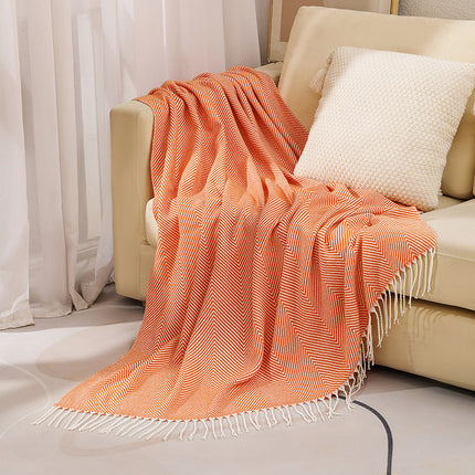 Orange Elegant Herringbone Tassel Throw Blanket - Large Acrylic Faux Cashmere Soft Cozy Blanket for Sofa, Bed & Decor (130x240cm).