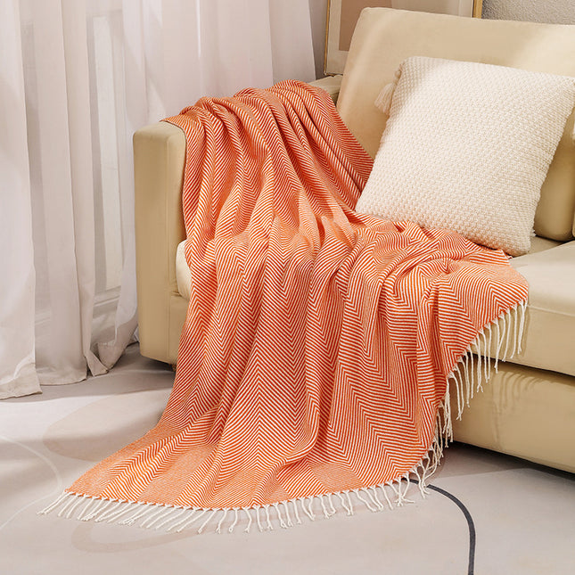 Orange Elegant Herringbone Tassel Throw Blanket - Large Acrylic Faux Cashmere Soft Cozy Blanket for Sofa, Bed & Decor (130x240cm).