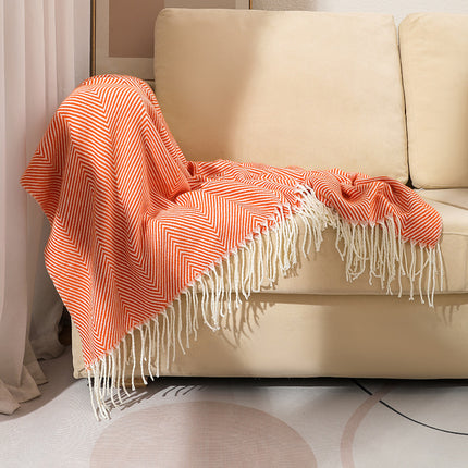Orange Elegant Herringbone Tassel Throw Blanket - Large Acrylic Faux Cashmere Soft Cozy Blanket for Sofa, Bed & Decor (130x240cm).