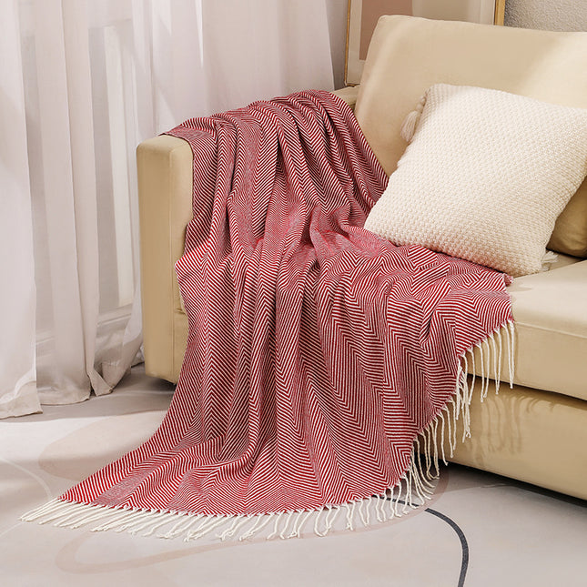 Red Elegant Herringbone Tassel Throw Blanket - Large Acrylic Faux Cashmere Soft Cozy Blanket for Sofa, Bed & Decor (130x240cm).