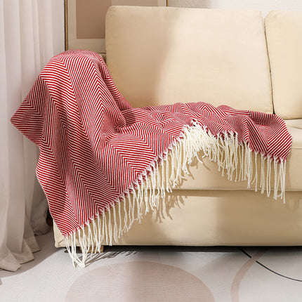 Red Elegant Herringbone Tassel Throw Blanket - Large Acrylic Faux Cashmere Soft Cozy Blanket for Sofa, Bed & Decor (130x240cm).