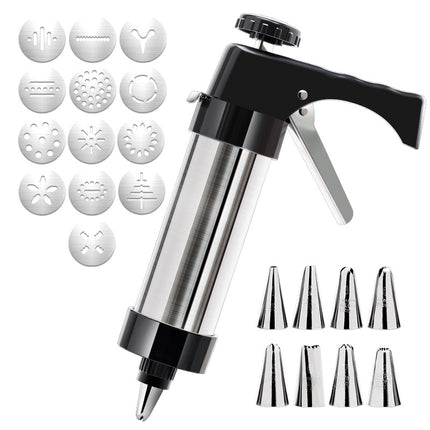 Silver and Black Stainless Steel Cookie Press Gun Kit - Biscuit Maker & Icing Decorating Set with 13 Discs & 8 Nozzles.