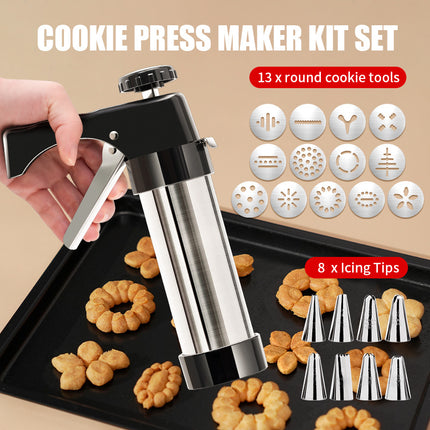 Silver and Black Stainless Steel Cookie Press Gun Kit - Biscuit Maker & Icing Decorating Set with 13 Discs & 8 Nozzles.