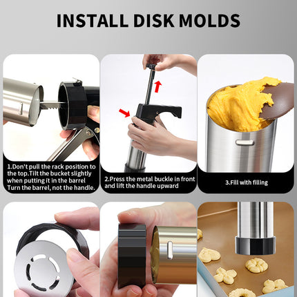 Silver and Black Stainless Steel Cookie Press Gun Kit - Biscuit Maker & Icing Decorating Set with 13 Discs & 8 Nozzles.