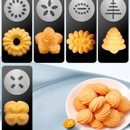Silver and Black Stainless Steel Cookie Press Gun Kit - Biscuit Maker & Icing Decorating Set with 13 Discs & 8 Nozzles.