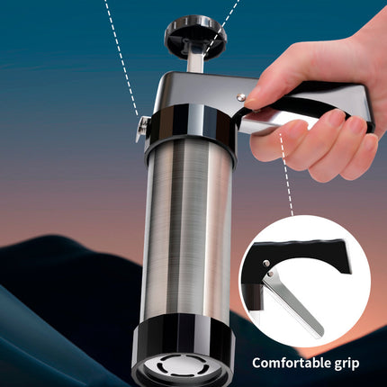 Silver and Black Stainless Steel Cookie Press Gun Kit - Biscuit Maker & Icing Decorating Set with 13 Discs & 8 Nozzles.
