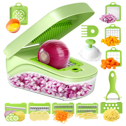 Green Versatile 14-in-1 Vegetable Chopper & Slicer Set - Multi-functional Kitchen Mandoline Dicer & Grater.