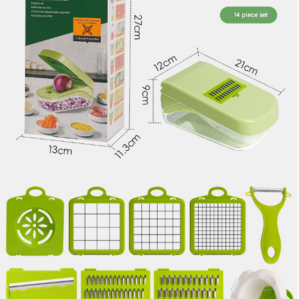 Green Versatile 14-in-1 Vegetable Chopper & Slicer Set - Multi-functional Kitchen Mandoline Dicer & Grater.