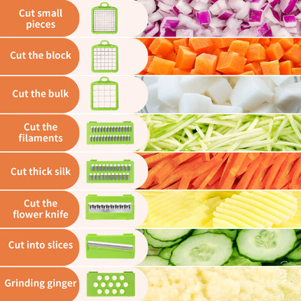 Green Versatile 14-in-1 Vegetable Chopper & Slicer Set - Multi-functional Kitchen Mandoline Dicer & Grater.