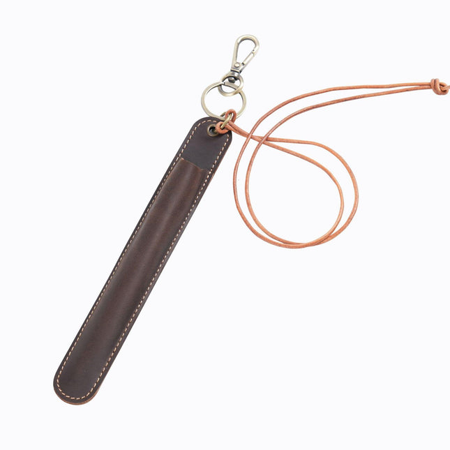 Coffee Vintage Top-Grain Leather Pen Sleeve Holder with Neck Strap - Protective Single Pen Case.
