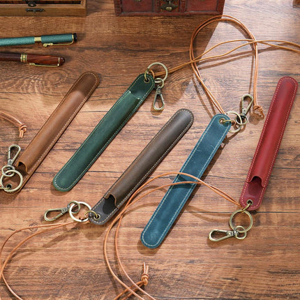 Coffee Vintage Top-Grain Leather Pen Sleeve Holder with Neck Strap - Protective Single Pen Case.
