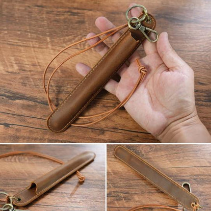 Brown Vintage Top-Grain Leather Pen Sleeve Holder with Neck Strap - Protective Single Pen Case.
