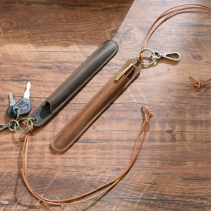 Green Vintage Top-Grain Leather Pen Sleeve Holder with Neck Strap - Protective Single Pen Case.