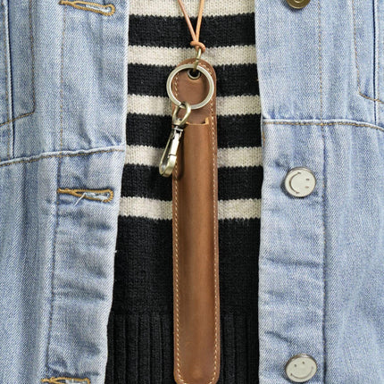 Red Vintage Top-Grain Leather Pen Sleeve Holder with Neck Strap - Protective Single Pen Case.