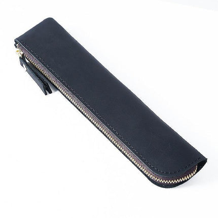 Black Vintage Crazy Horse Leather Zippered Pen Case - Retro Pencil Pouch & Small Accessories Bag.