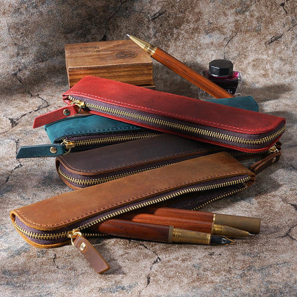 Black Vintage Crazy Horse Leather Zippered Pen Case - Retro Pencil Pouch & Small Accessories Bag.
