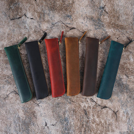 Black Vintage Crazy Horse Leather Zippered Pen Case - Retro Pencil Pouch & Small Accessories Bag.