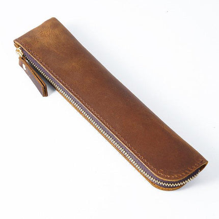 Brown Vintage Crazy Horse Leather Zippered Pen Case - Retro Pencil Pouch & Small Accessories Bag.