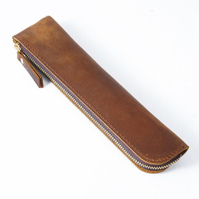 Brown Vintage Crazy Horse Leather Zippered Pen Case - Retro Pencil Pouch & Small Accessories Bag.