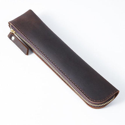 Coffee Vintage Crazy Horse Leather Zippered Pen Case - Retro Pencil Pouch & Small Accessories Bag.