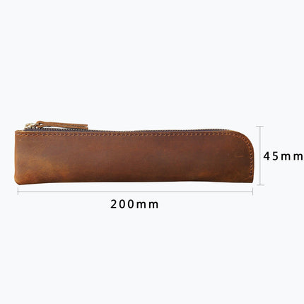 Coffee Vintage Crazy Horse Leather Zippered Pen Case - Retro Pencil Pouch & Small Accessories Bag.