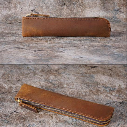 Coffee Vintage Crazy Horse Leather Zippered Pen Case - Retro Pencil Pouch & Small Accessories Bag.