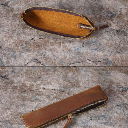 Coffee Vintage Crazy Horse Leather Zippered Pen Case - Retro Pencil Pouch & Small Accessories Bag.