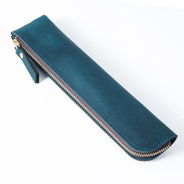 Blue Vintage Crazy Horse Leather Zippered Pen Case - Retro Pencil Pouch & Small Accessories Bag.