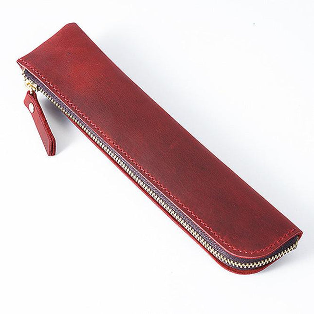 Red Vintage Crazy Horse Leather Zippered Pen Case - Retro Pencil Pouch & Small Accessories Bag.