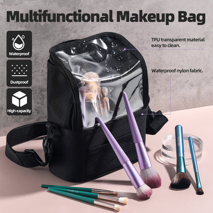 Black Professional Makeup Bag Organizer - Large Capacity Travel Cosmetic Case with Brush Holder, Adjustable Dividers & Shoulder Strap.