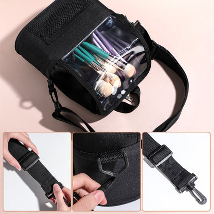 Black Professional Makeup Bag Organizer - Large Capacity Travel Cosmetic Case with Brush Holder, Adjustable Dividers & Shoulder Strap.